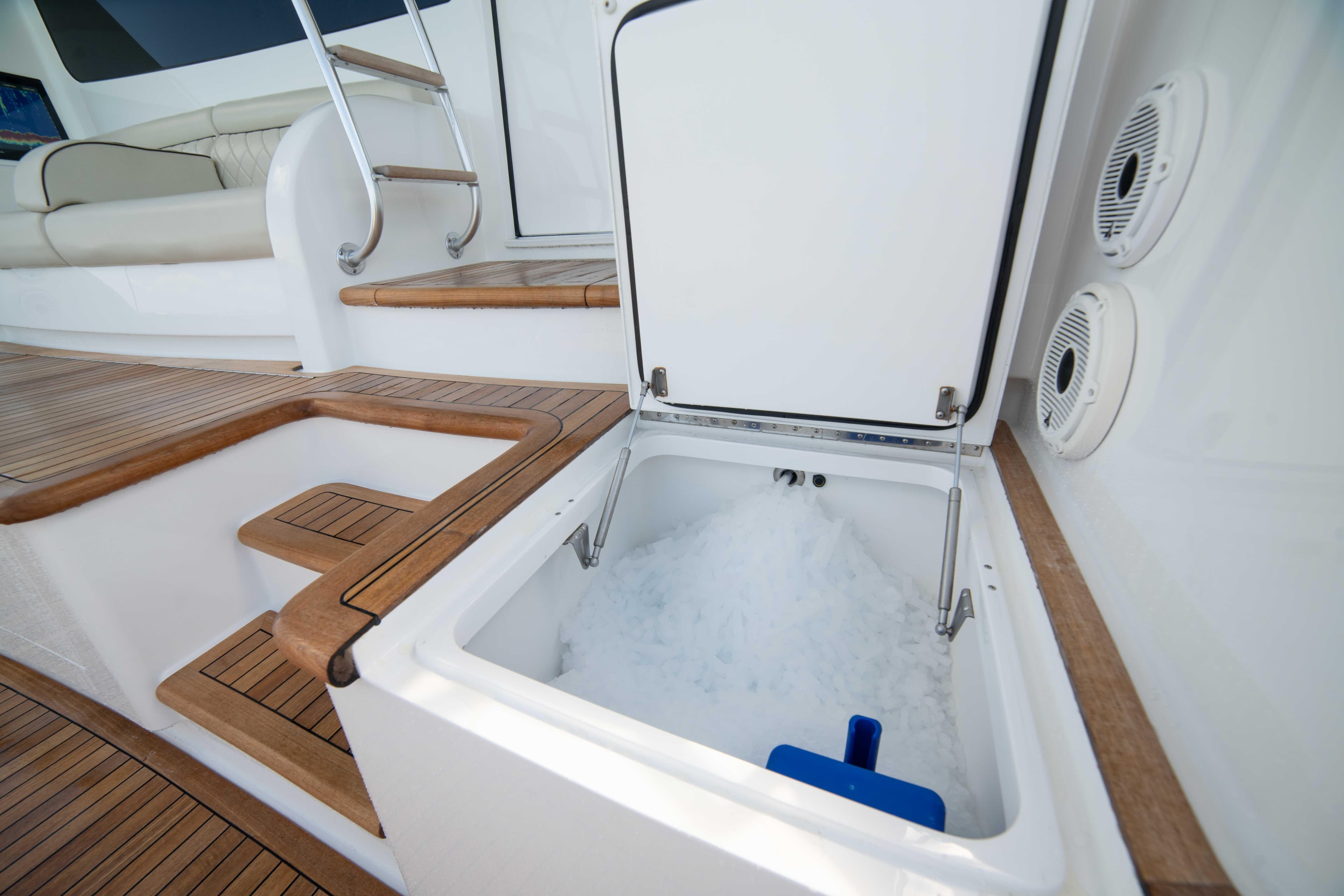 Ice storage compartment on 2019 Viking 72 Enclosed Bridge yacht deck.