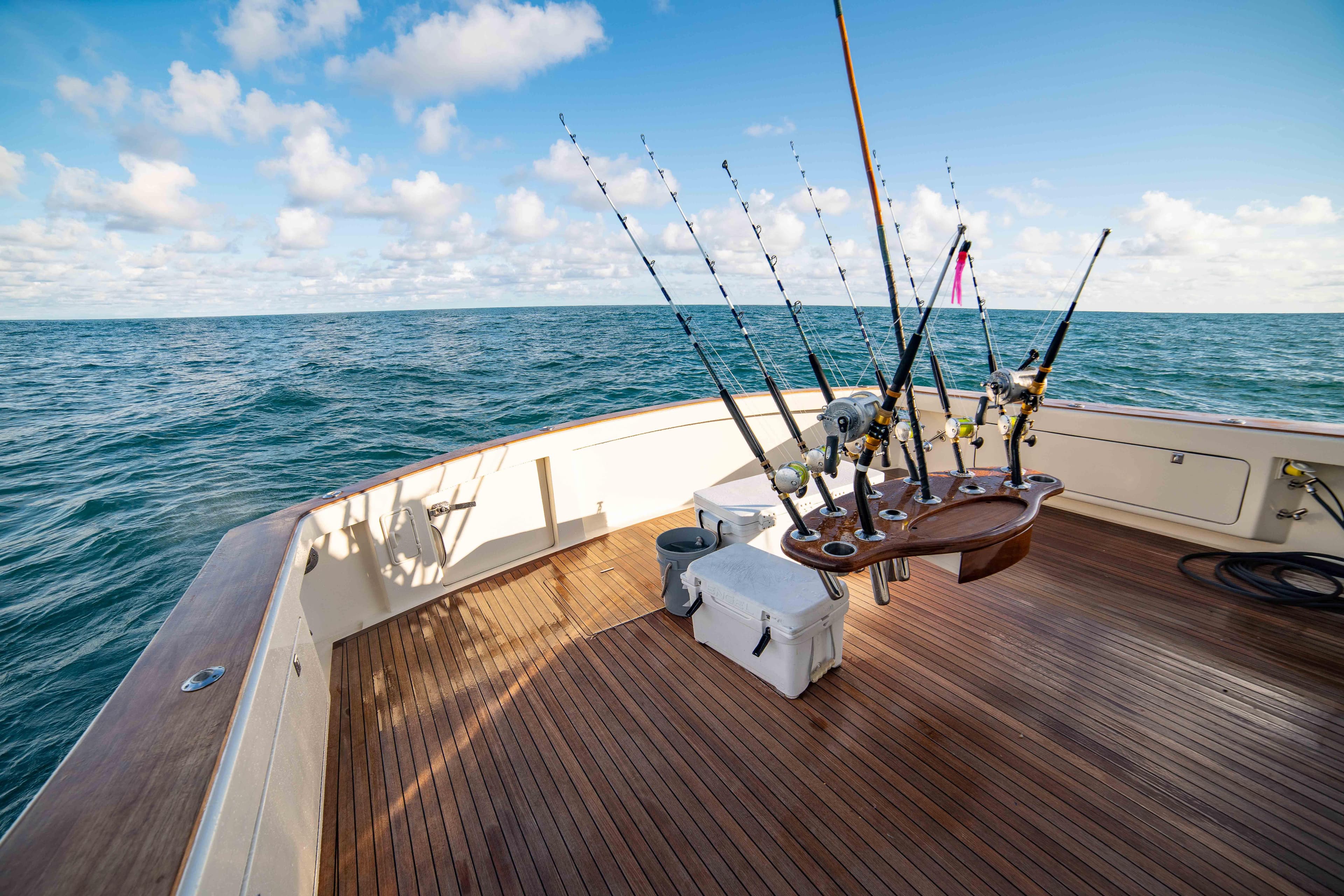 1996 Donzi 72 Custom Convertible fishing deck with ocean view.