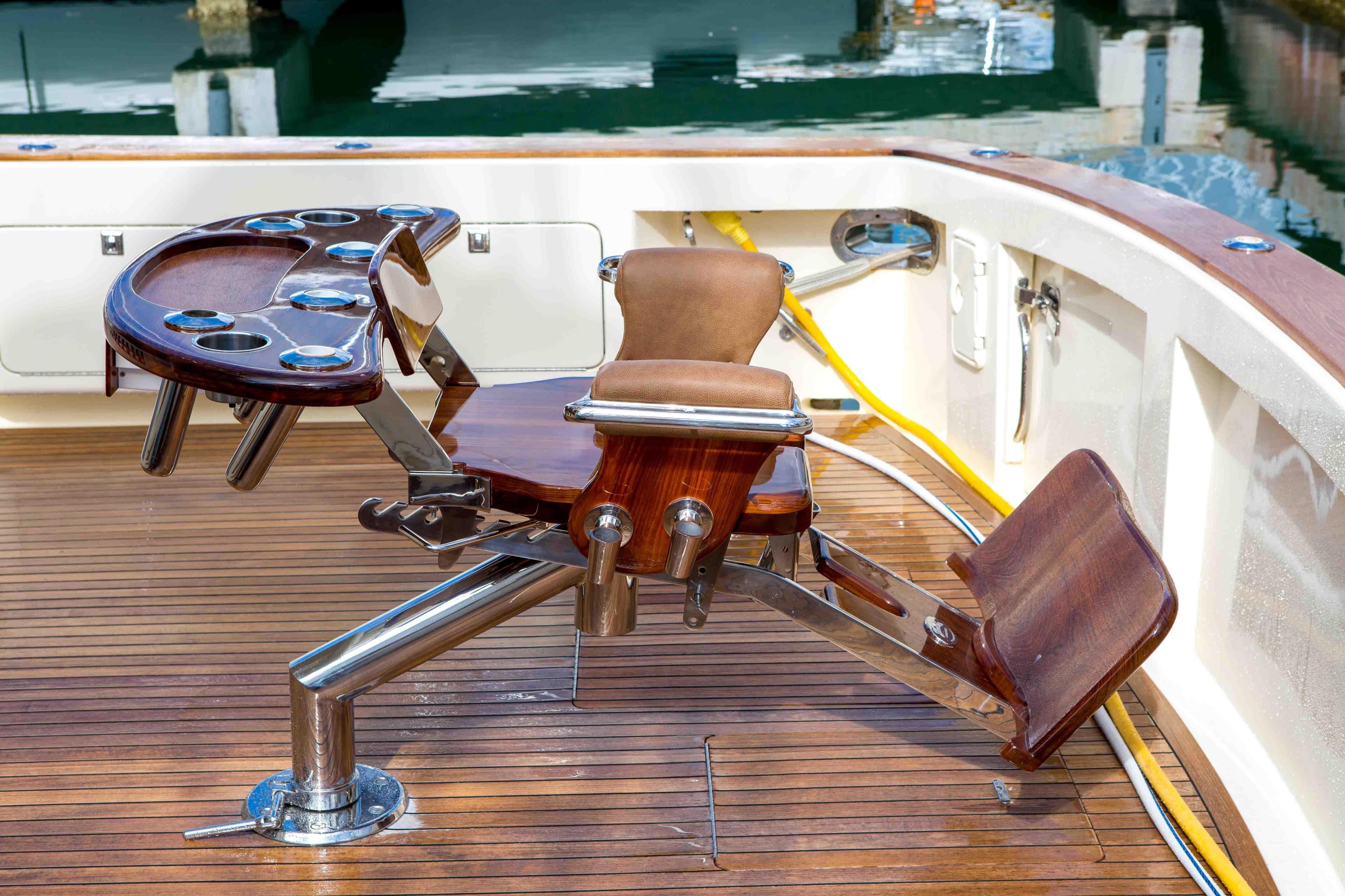 Fishing chair on the deck of a 1996 Donzi 72 Custom Convertible yacht.