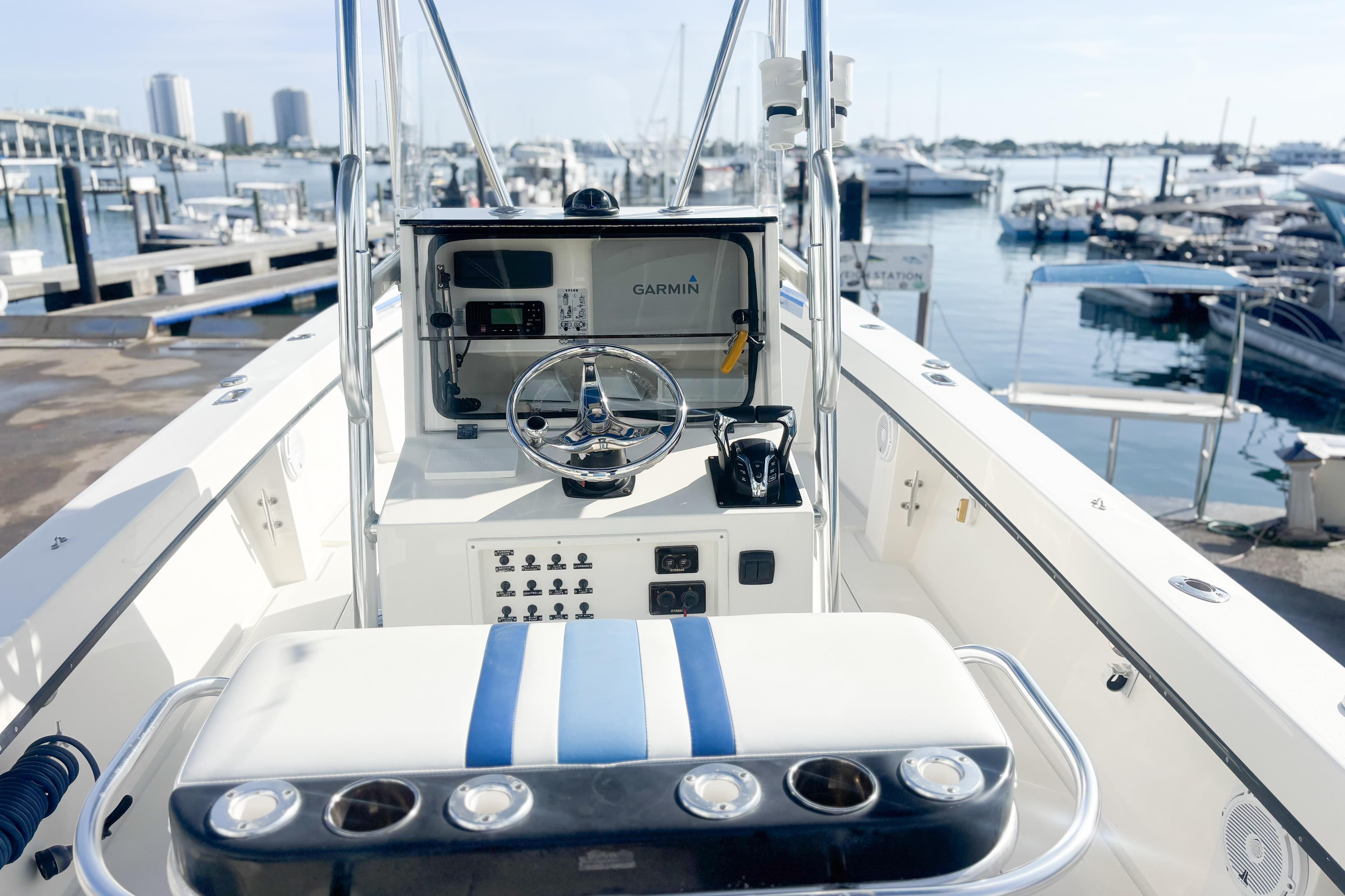 Whitewater boat console with Garmin system, docked at marina, 2016 model.