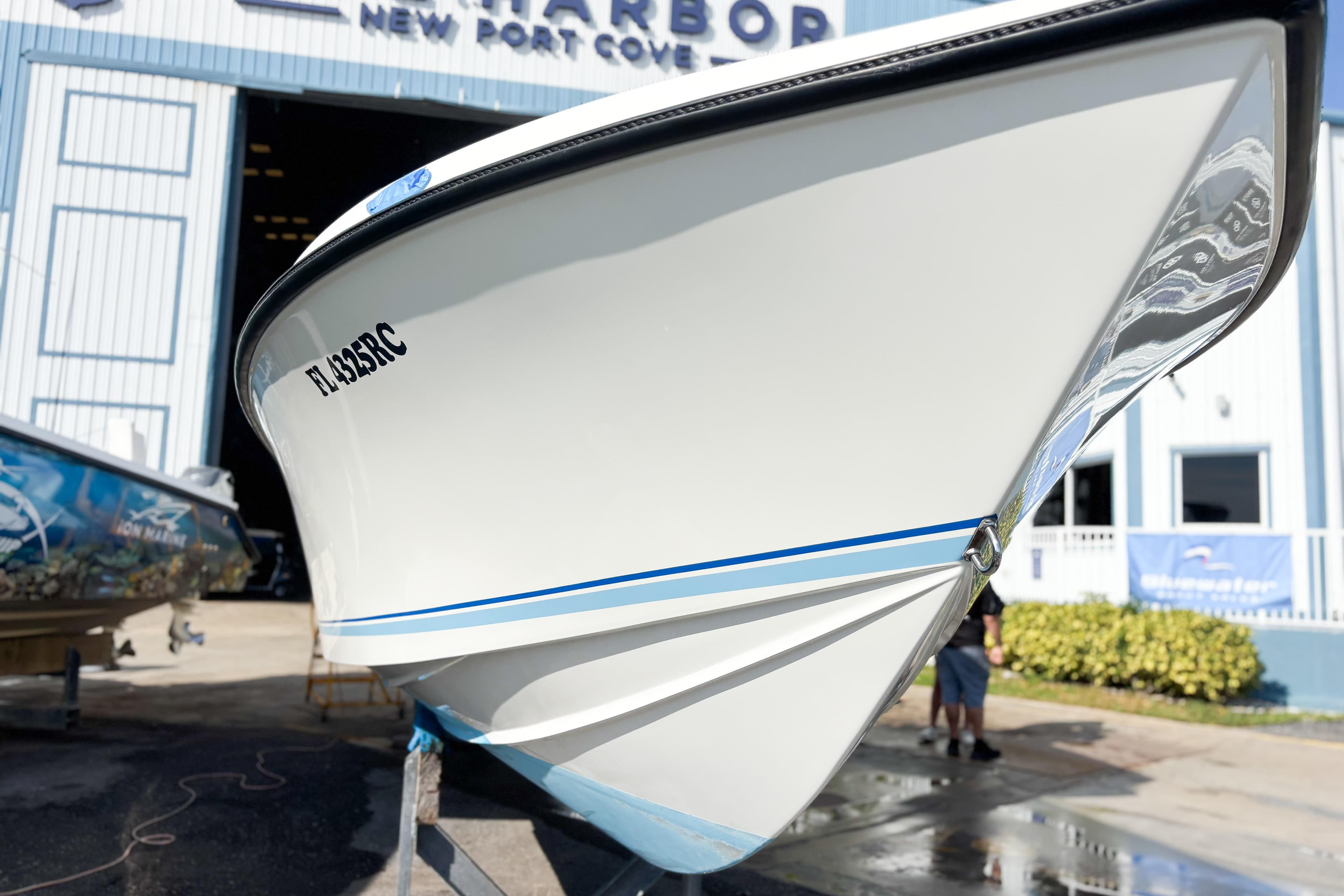 Whitewater boat at New Port Cove marina, 2016 model, docked for maintenance.