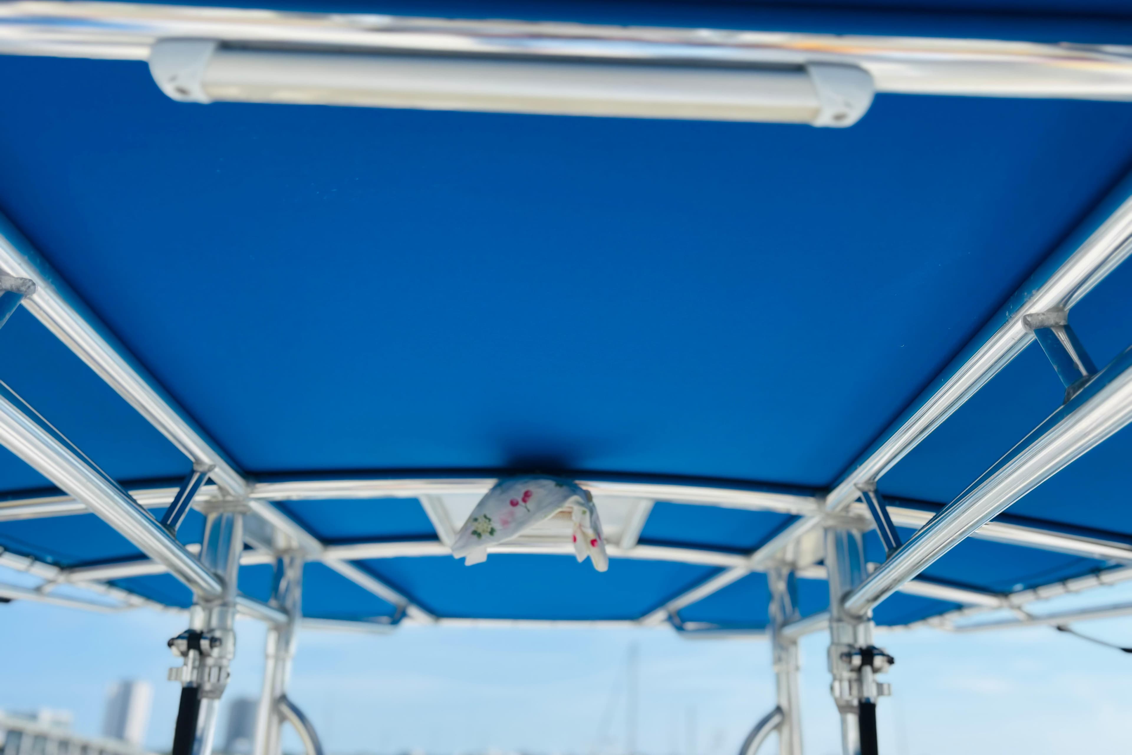 Blue canopy and metal frame of a 2016 Whitewater boat, viewed from below.
